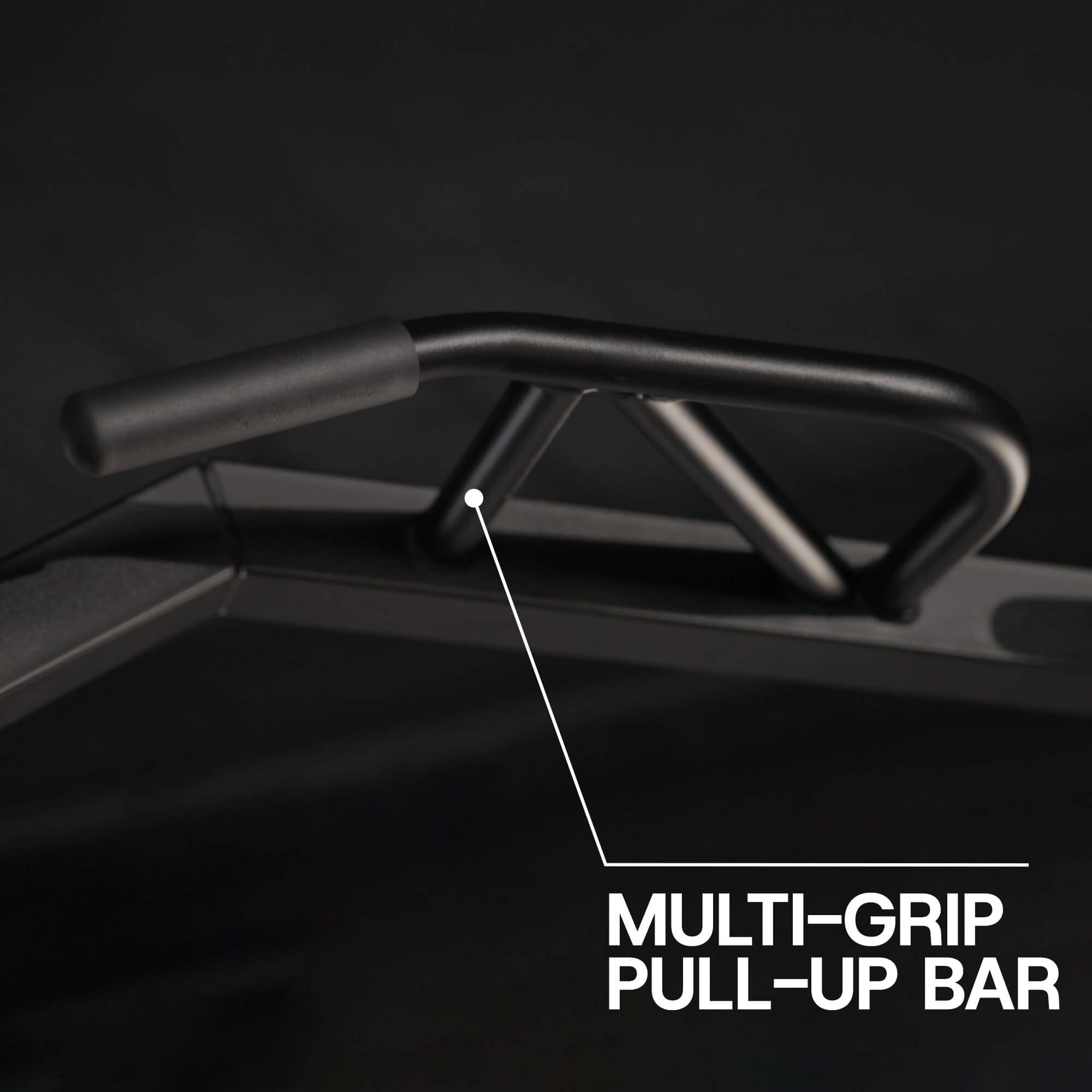 Black multi-grip pull-up bar on a dark background with text label.