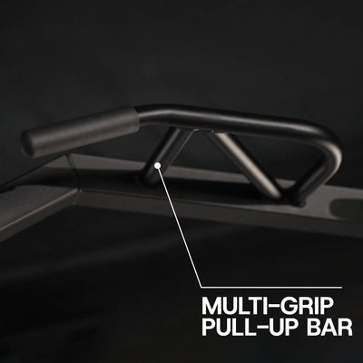 Black multi-grip pull-up bar on a dark background with text label.