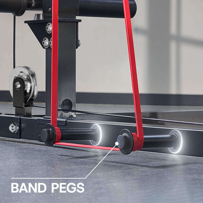 Close-up of a piece of exercise equipment with red bands and band pegs labeled.