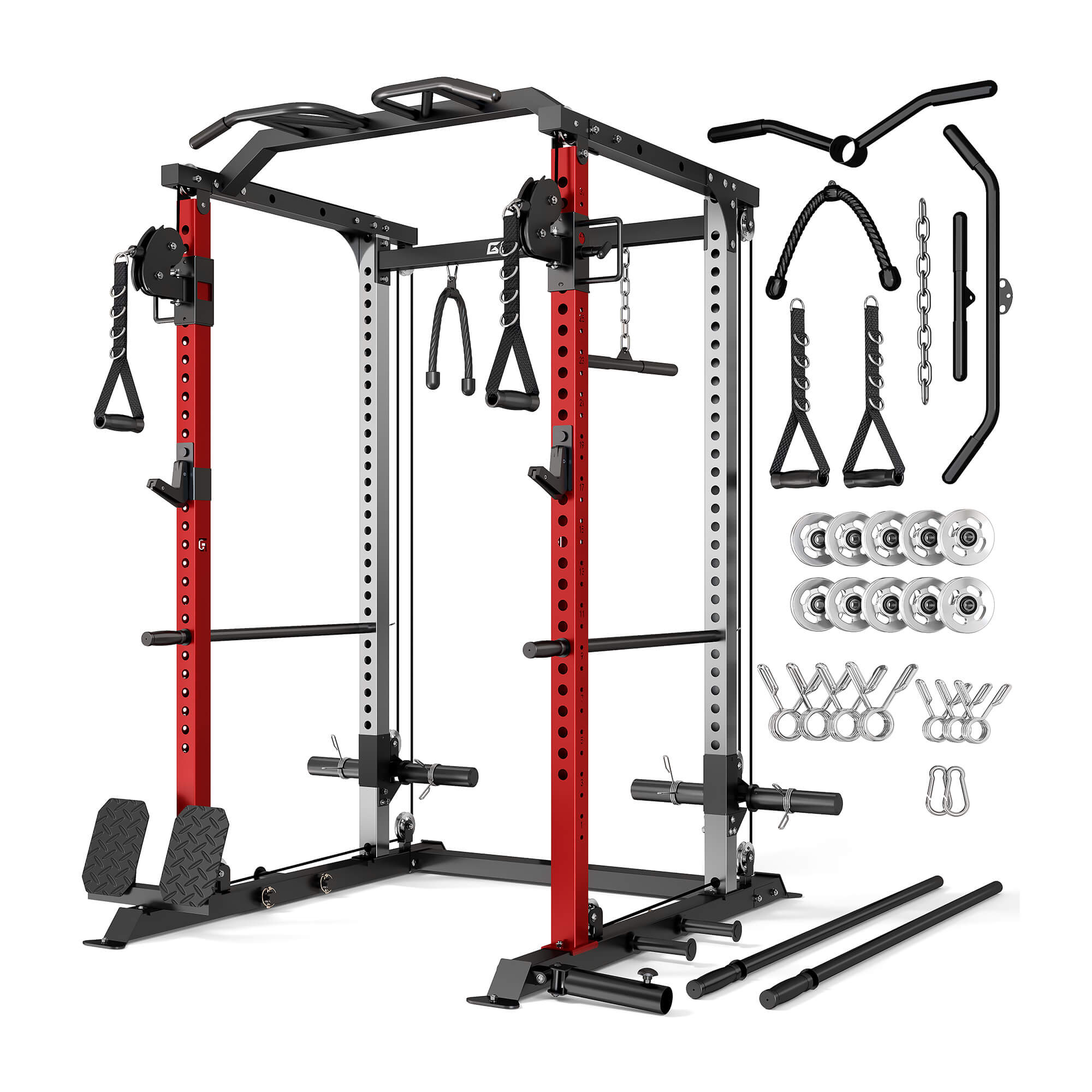 Gym power rack with attachments on a white background.