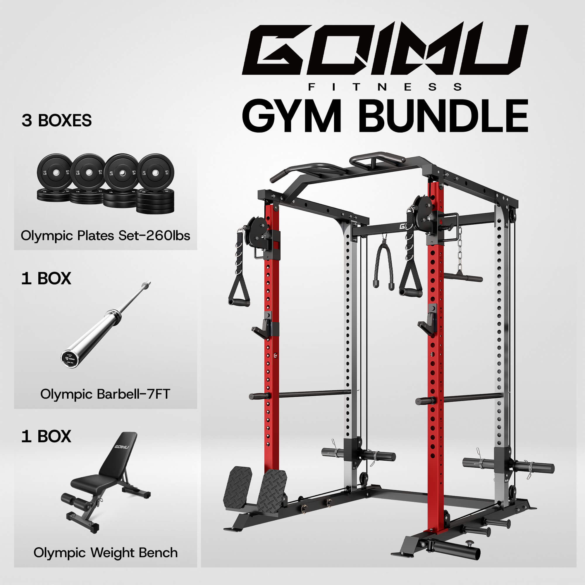 GIMU Fitness gym bundle with power rack, Olympic plates, barbell, and weight bench on a white background.