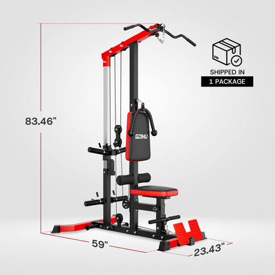 Gym equipment with dimensions and packaging information on a gray background.