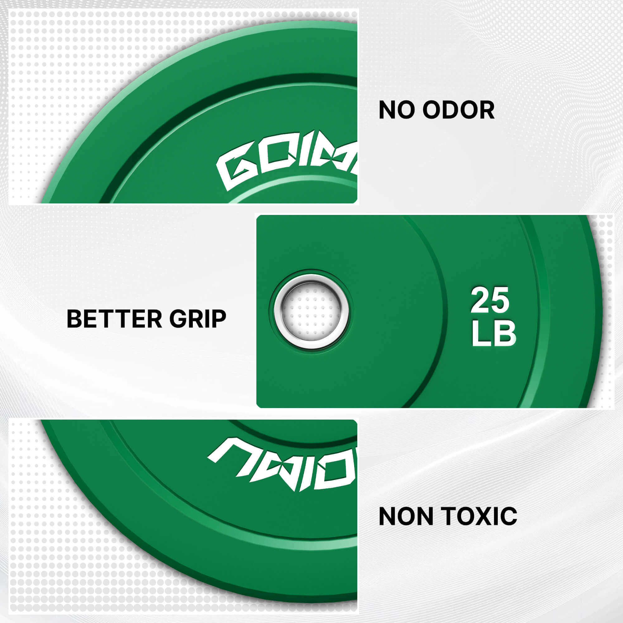 Green weightlifting disc with 'Gym' branding and features on a white background