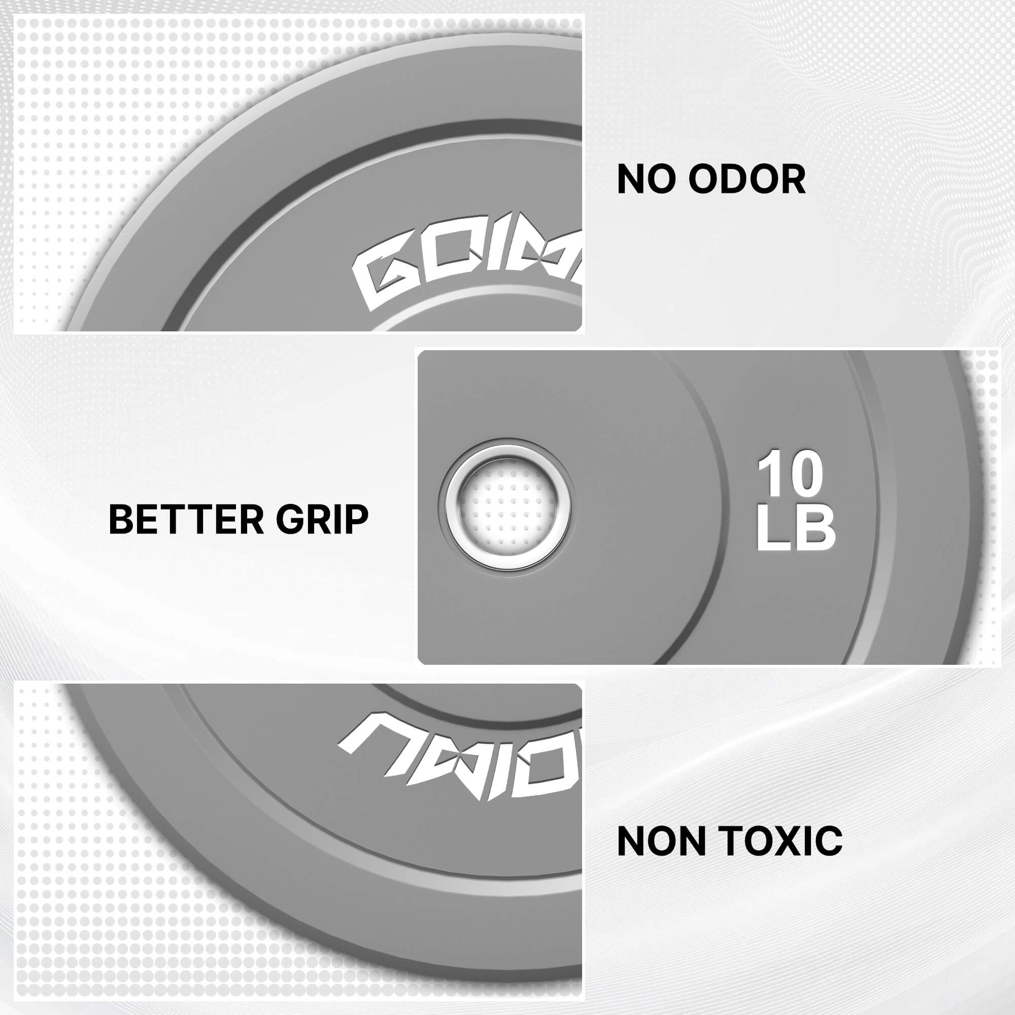 Gray weight plate with 'Gym' branding and text highlighting features on a light gray background.