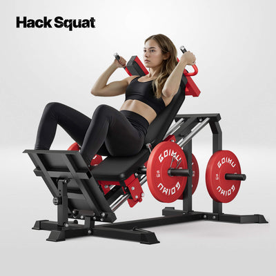 Woman using a Hack Squat machine with red weights on a white background.#color_red
