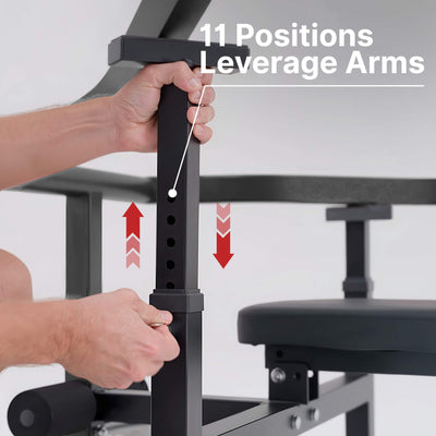 Person adjusting a lever on a weight bench with text indicating 11 positions.#color_black