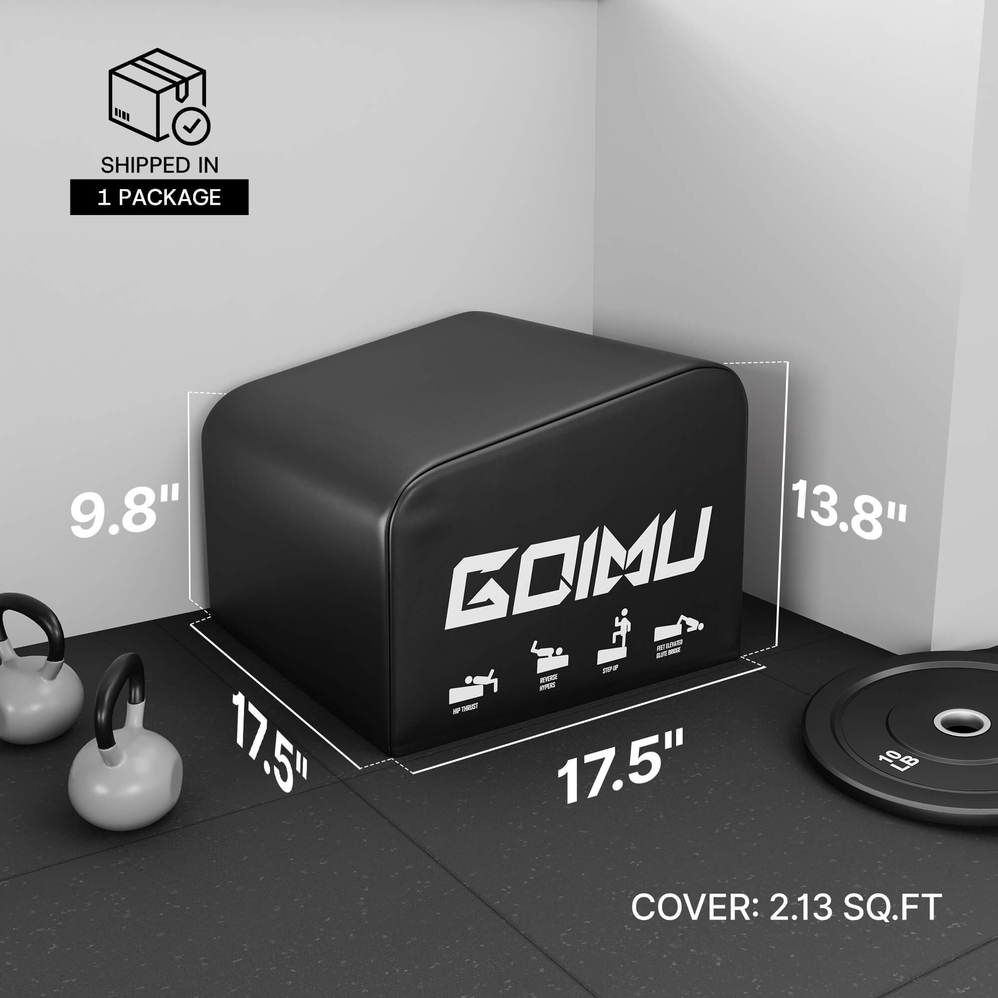 Black storage box with dimensions and product features on a gray surface.