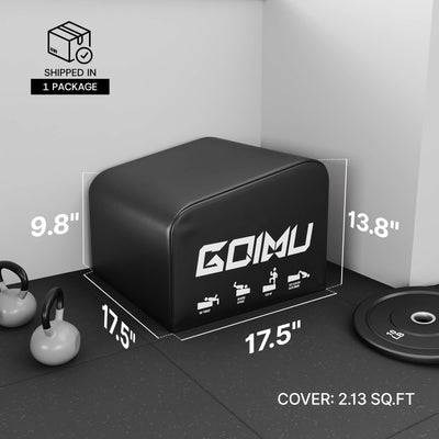 Black storage box with dimensions and product features on a gray surface.