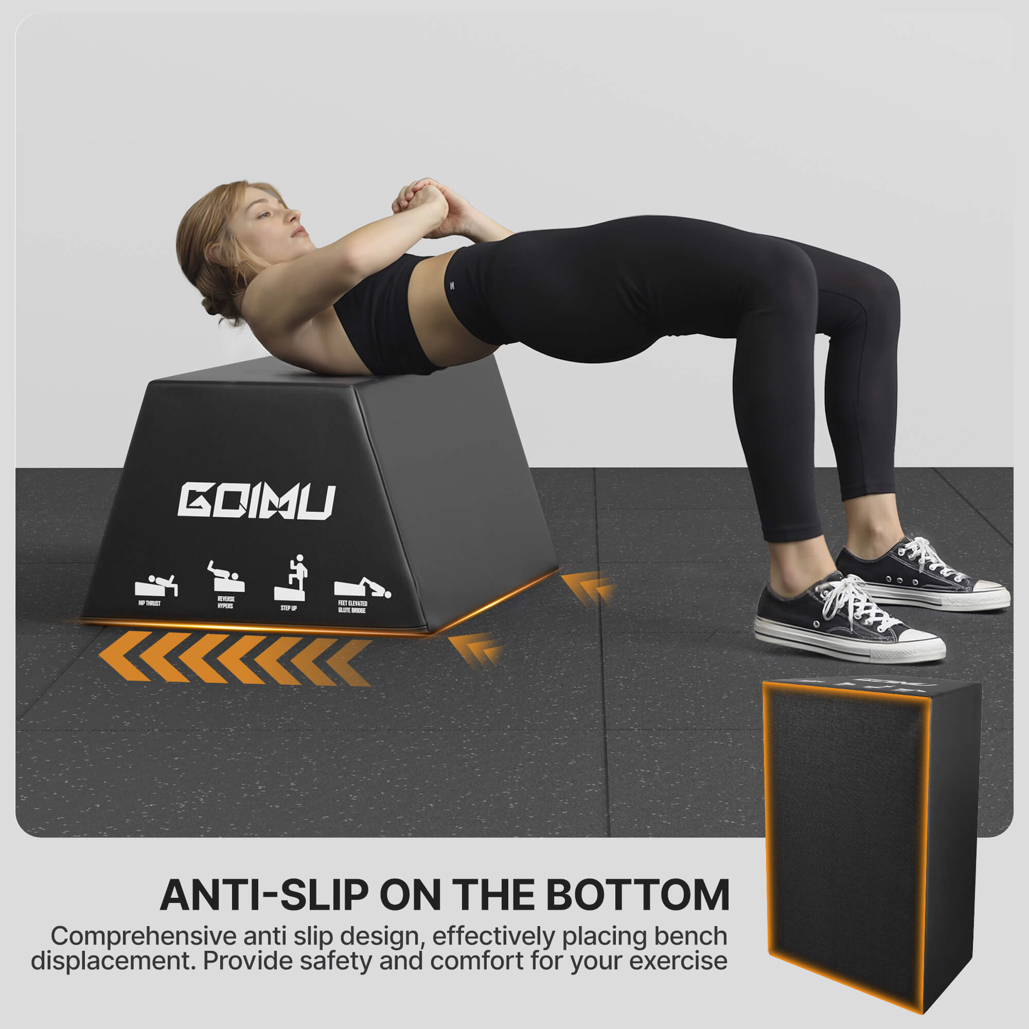 Person exercising on a black and orange exercise bench with 'GOIMU' branding.