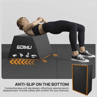 Person exercising on a black and orange exercise bench with 'GOIMU' branding.