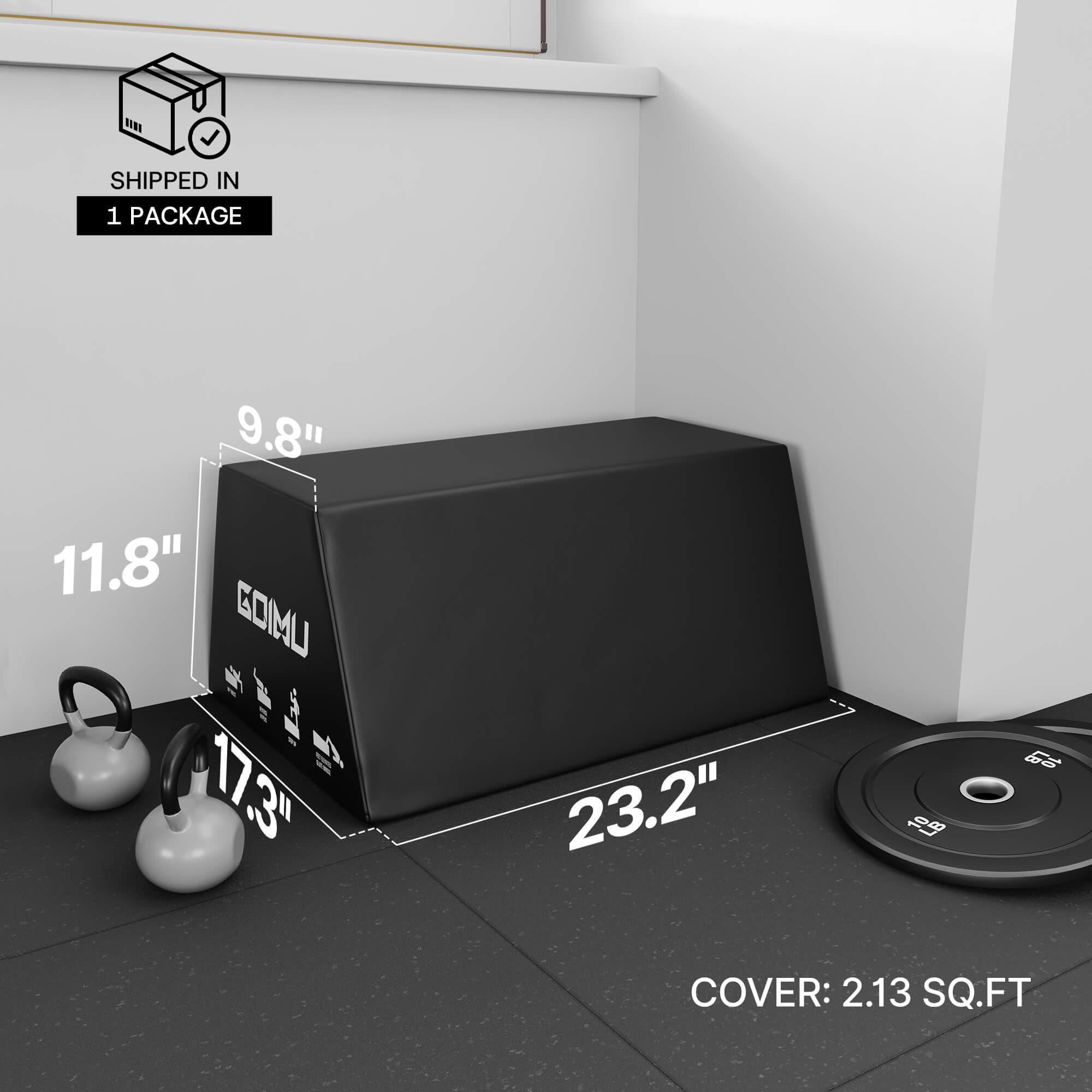 Black exercise mat with dimensions and product details on a white background.