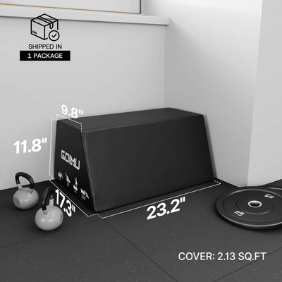 Black exercise mat with dimensions and product details on a white background.