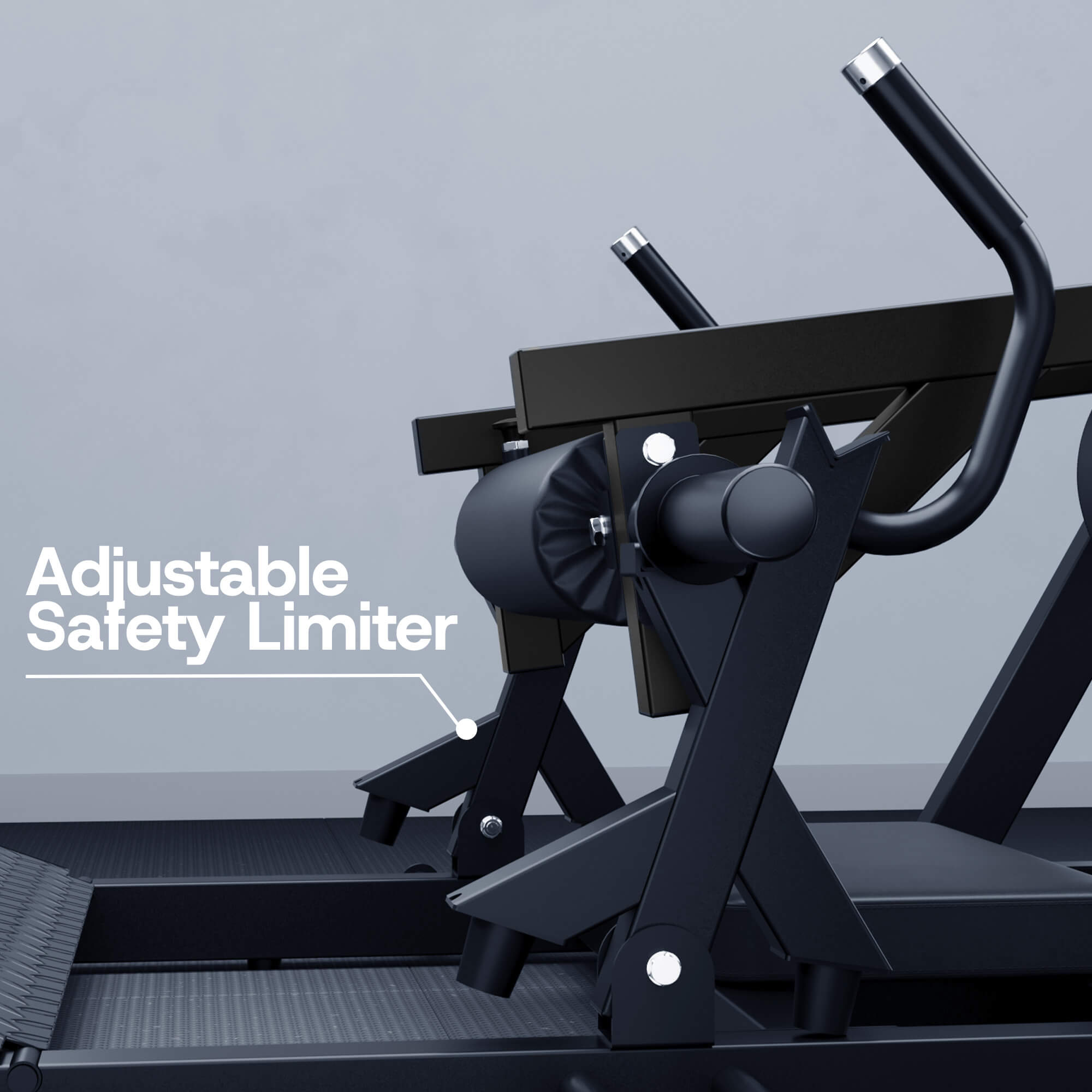 Gym machine with adjustable safety limiter on a gray background.