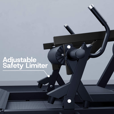 Gym machine with adjustable safety limiter on a gray background.