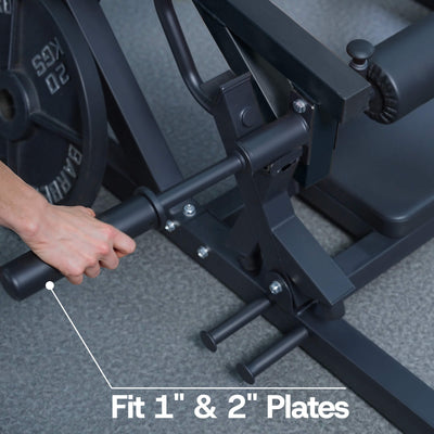 Gym equipment with a hand adjusting a bar, labeled 'Fit 1" & 2" Plates'.