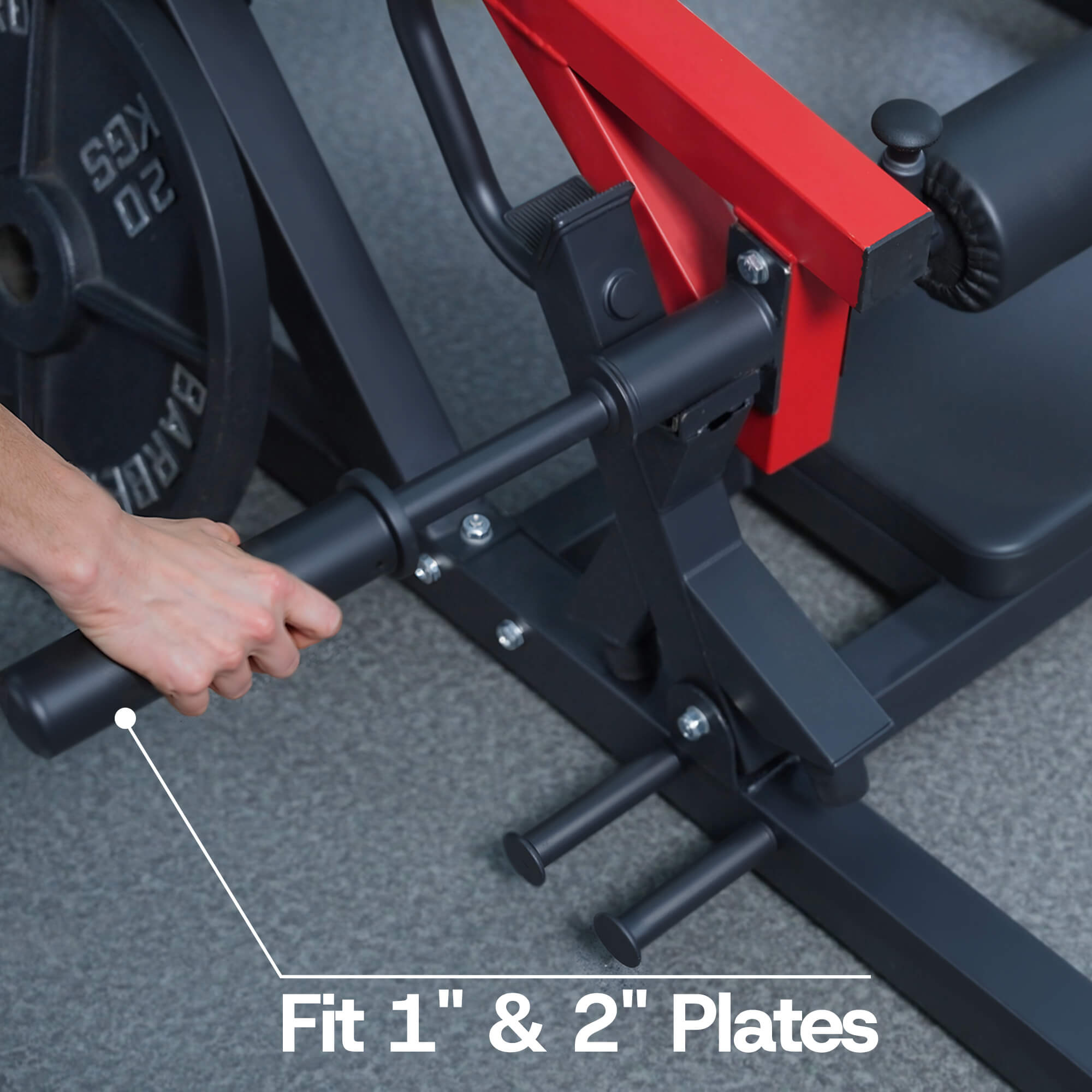 Gym bench with weight plate holder showing ability to fit 1" and 2" plates.