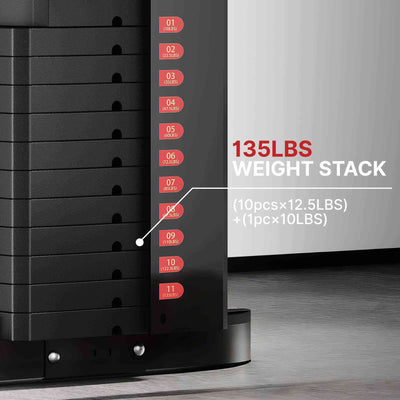 Stack of weight plates with labeled weights on a gray background