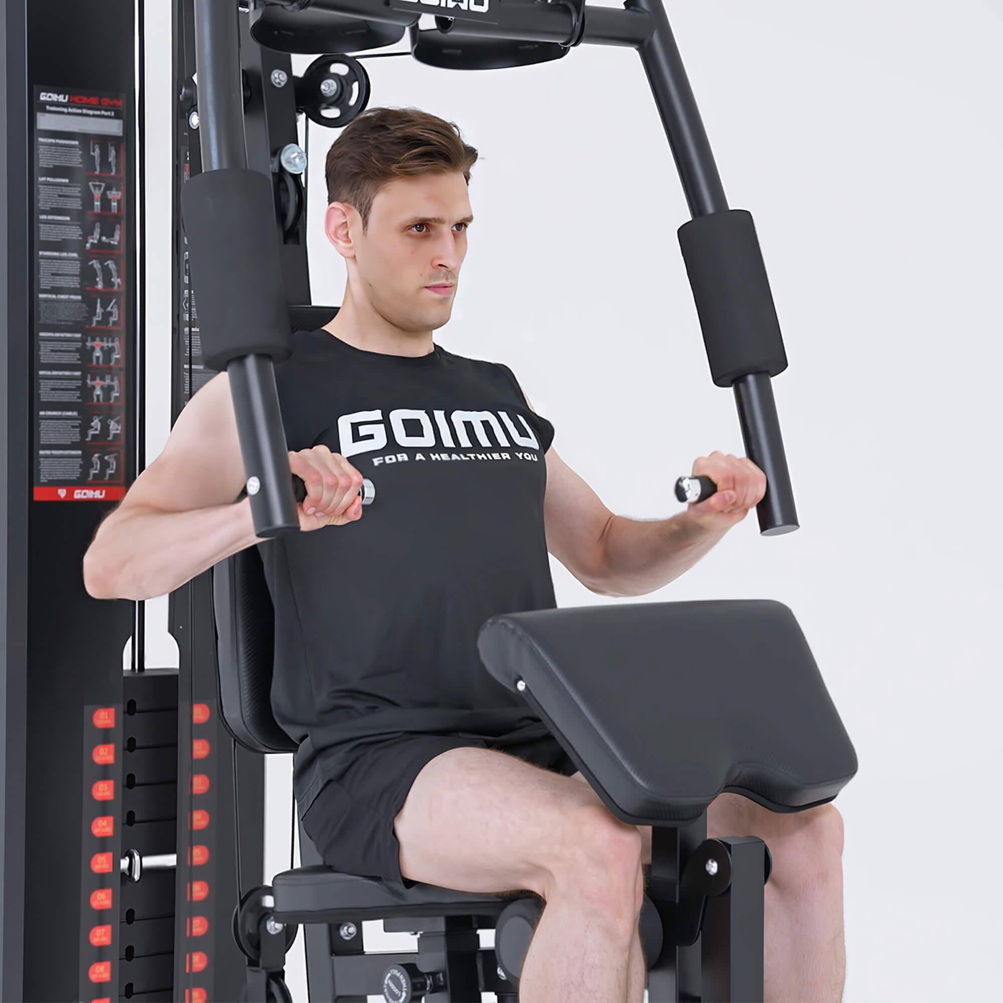 Man using a gym machine with 'Gymmy' branding on a white background