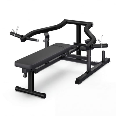 Black weight bench with adjustable backrest on a white background.#color_black