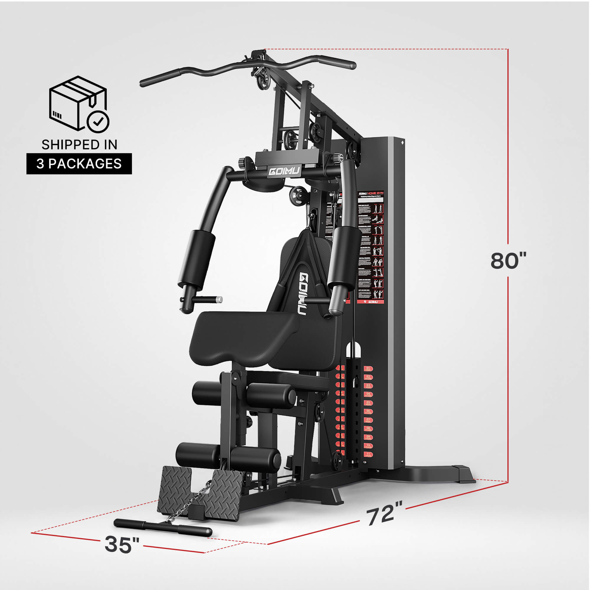 Gym machine with dimensions labeled on a gray background