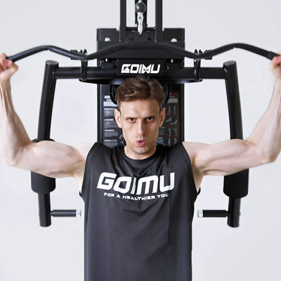 Person using a gym machine with 'GOIMU' branding on a white background