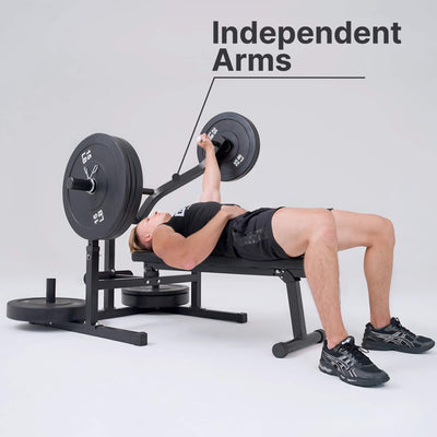 Person using a weight bench with weights on a light gray background.#color_black