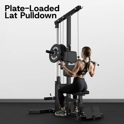 Woman using a plate-loaded lat pulldown machine in a gym setting.