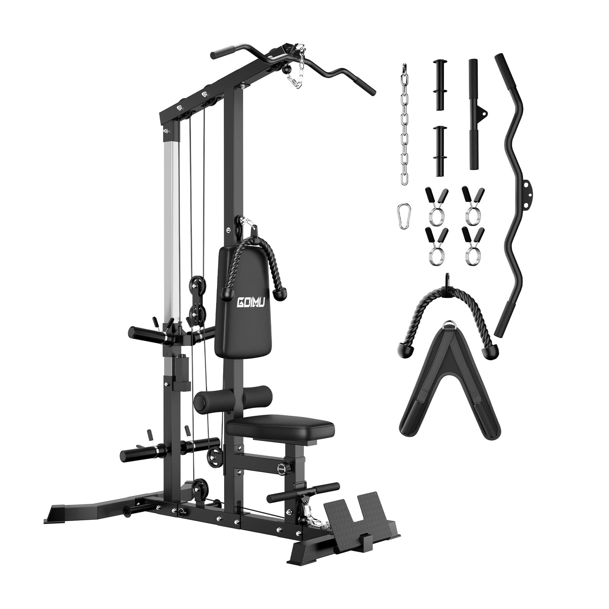Gym equipment set with various attachments on a white background.#color_black