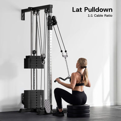 Woman using a lat pulldown machine in a gym setting with text 'Lat Pulldown 1:1 Cable Ratio'.