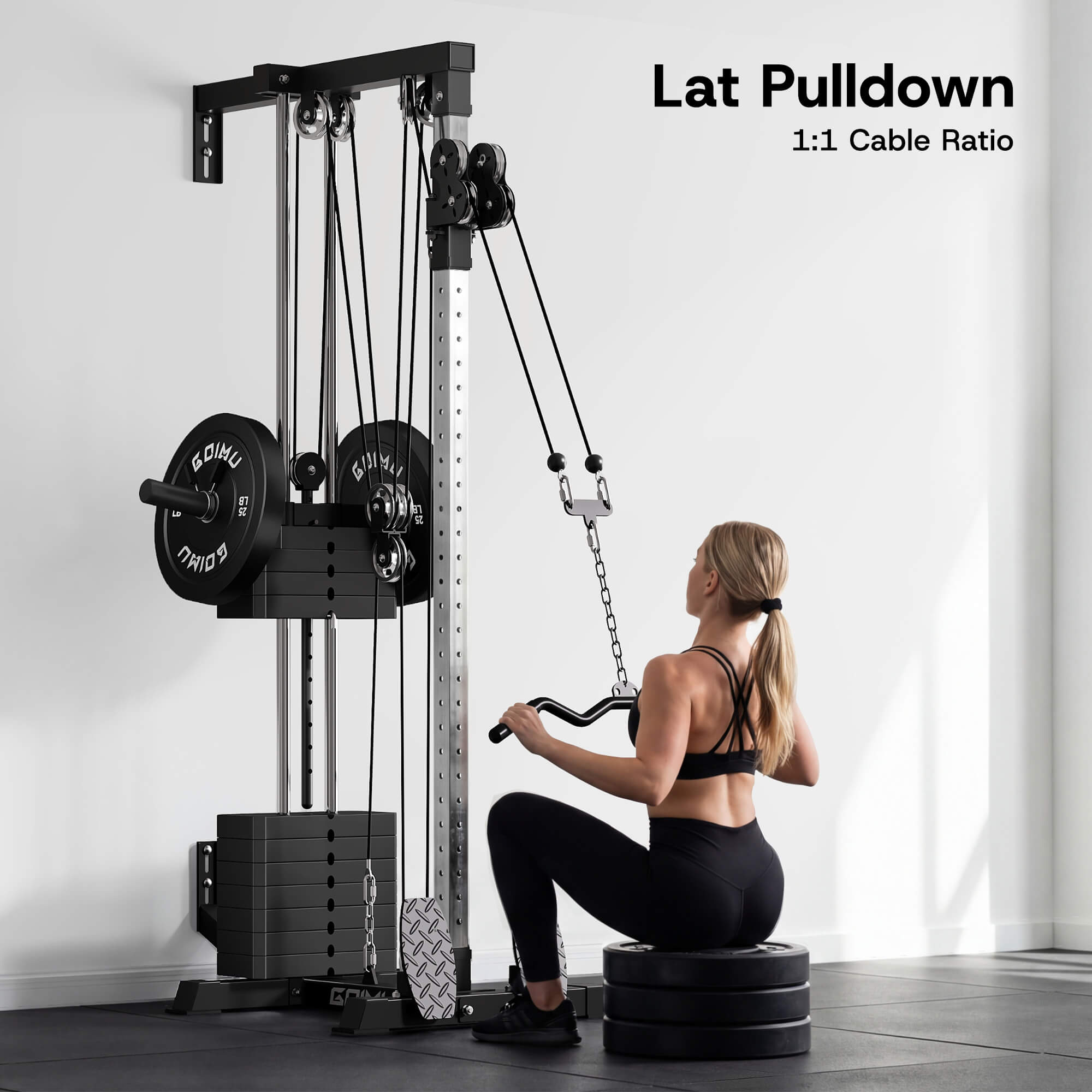Woman using a lat pulldown machine in a gym setting with 'Lat Pulldown' text displayed.