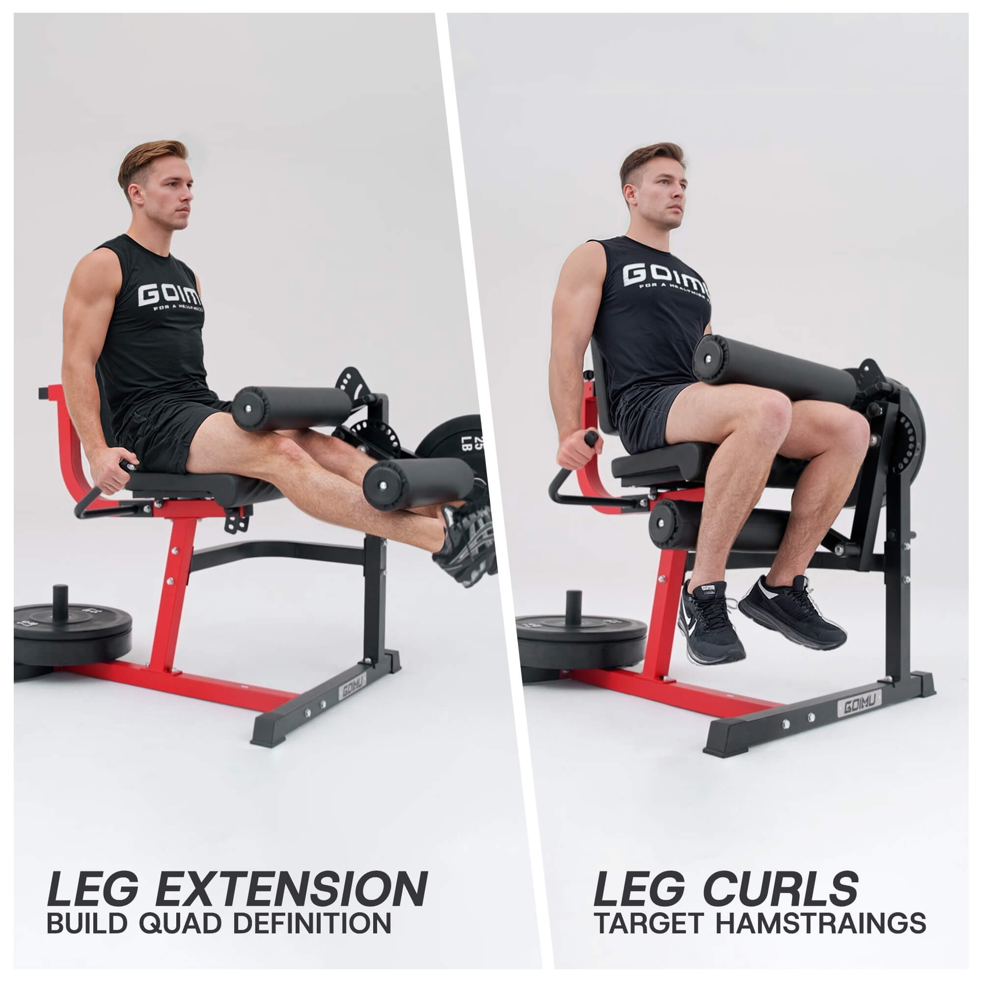 Two images showing a person performing leg extension and leg curls on a gym machine.