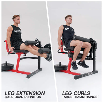 Two images showing a person performing leg extension and leg curls on a gym machine.