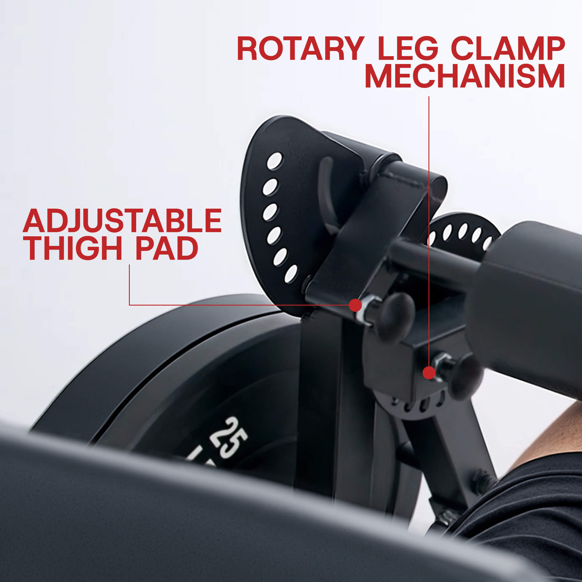 Rowing machine with rotary leg clamp mechanism and adjustable thigh pad on a white background.