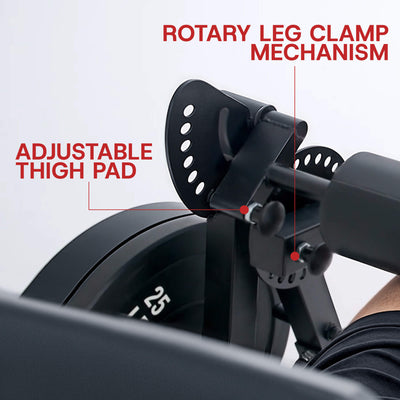Rowing machine with rotary leg clamp mechanism and adjustable thigh pad on a white background.