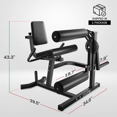 Black gym machine with dimensions on a light gray background.