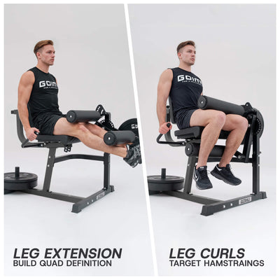 Two images showing a person performing leg extensions and leg curls on a leg extension machine.