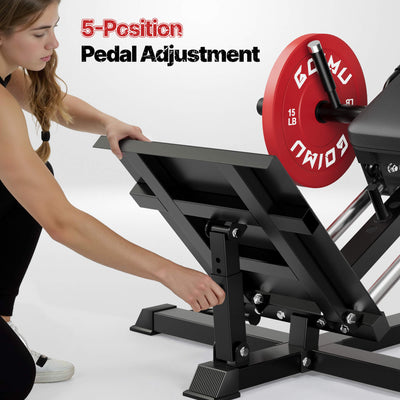 Person adjusting a weight machine with '5-Position Pedal Adjustment' text and a GOMU weight plate.#color_black