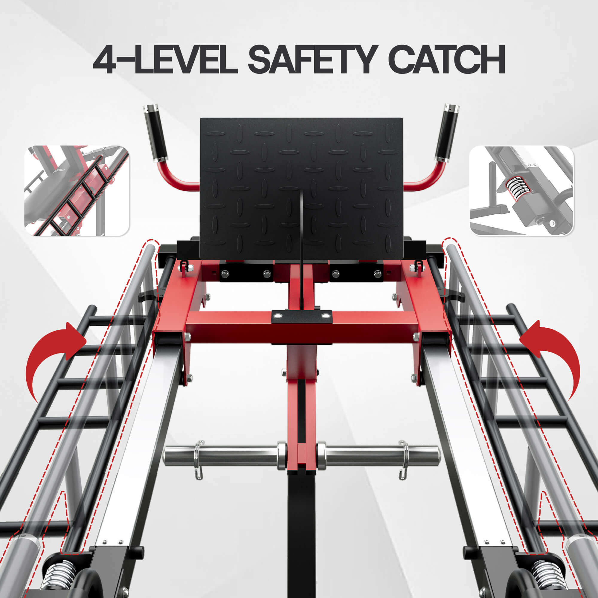 Red weightlifting machine with 4-level safety catch feature on a gray background.#color_red