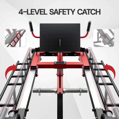 Red weightlifting machine with 4-level safety catch feature on a gray background.#color_red