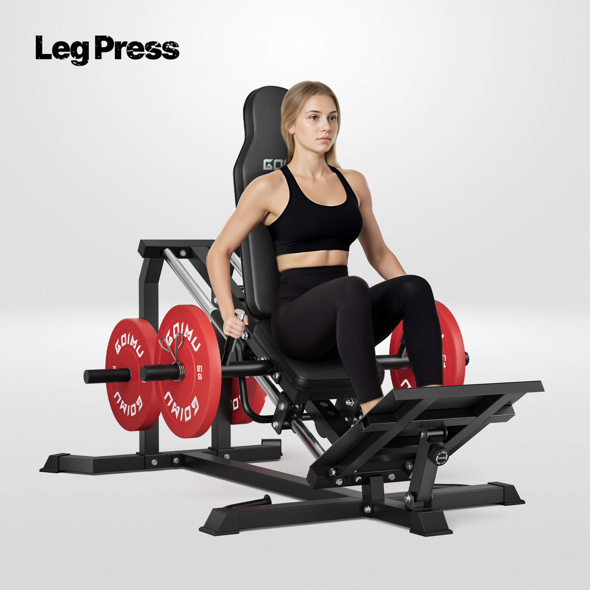 Woman using a leg press machine with 'Leg Press' text above.#color_black