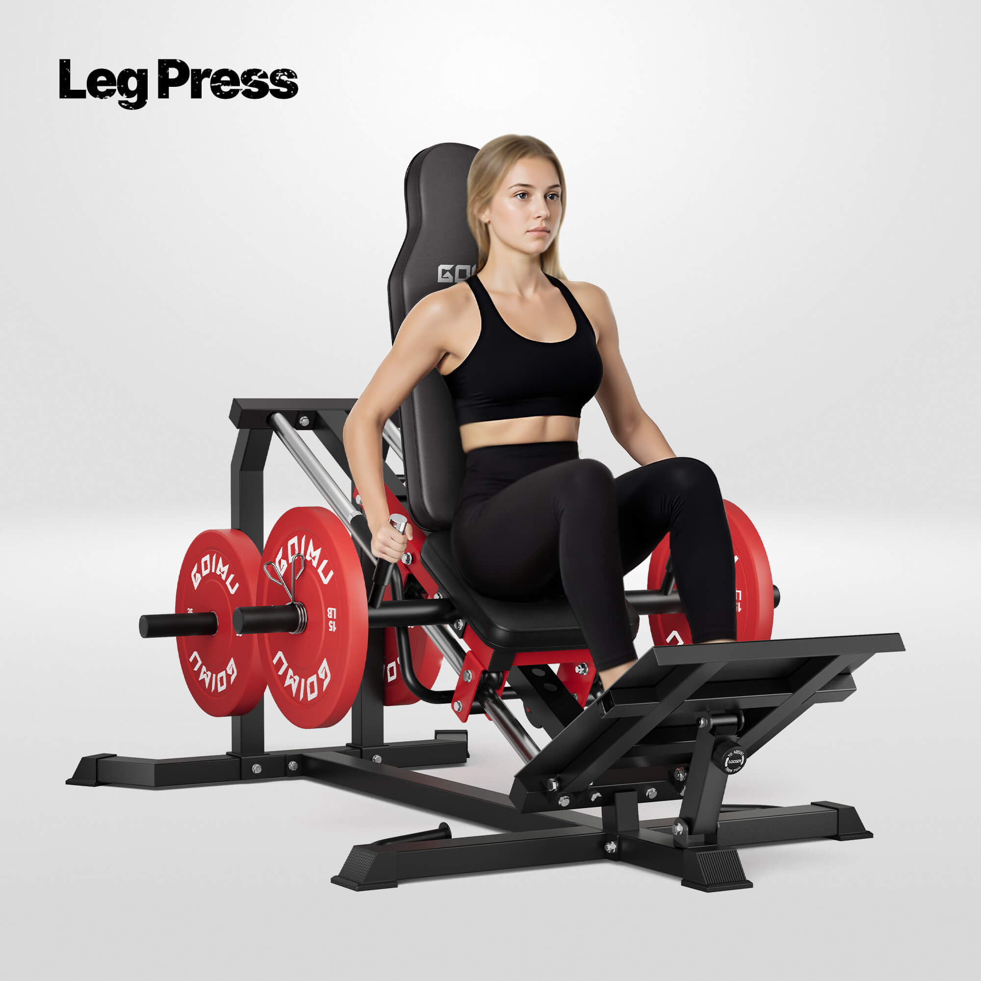 Woman using a leg press machine with 'Leg Press' text above.#color_red