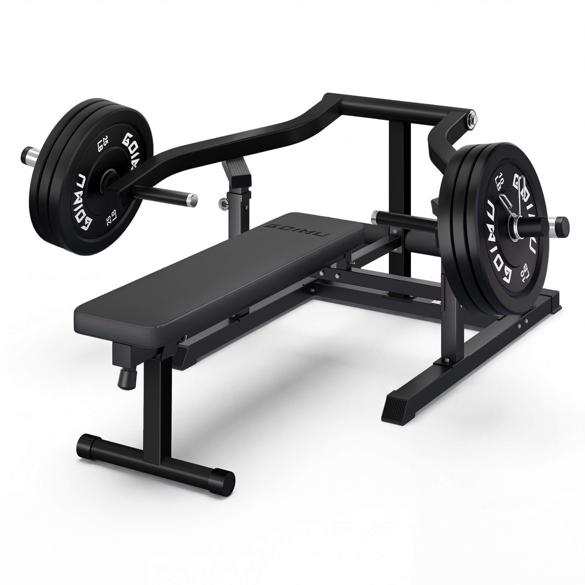 Black weight bench with weights on a white background.#color_black