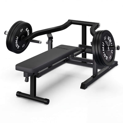 Black weight bench with weights on a white background.#color_black