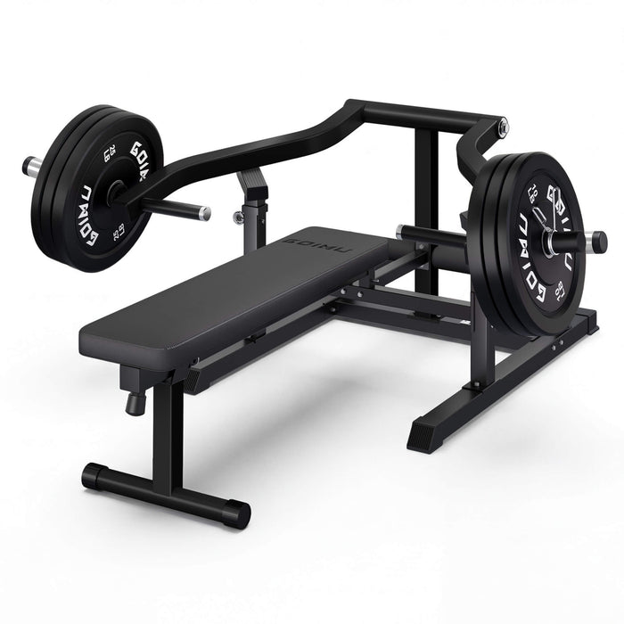 Black weight bench with weights on a white background.#color_black