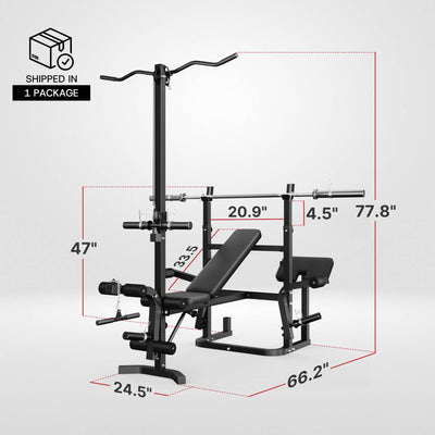 Black weight bench and bar setup with dimensions on a light gray background