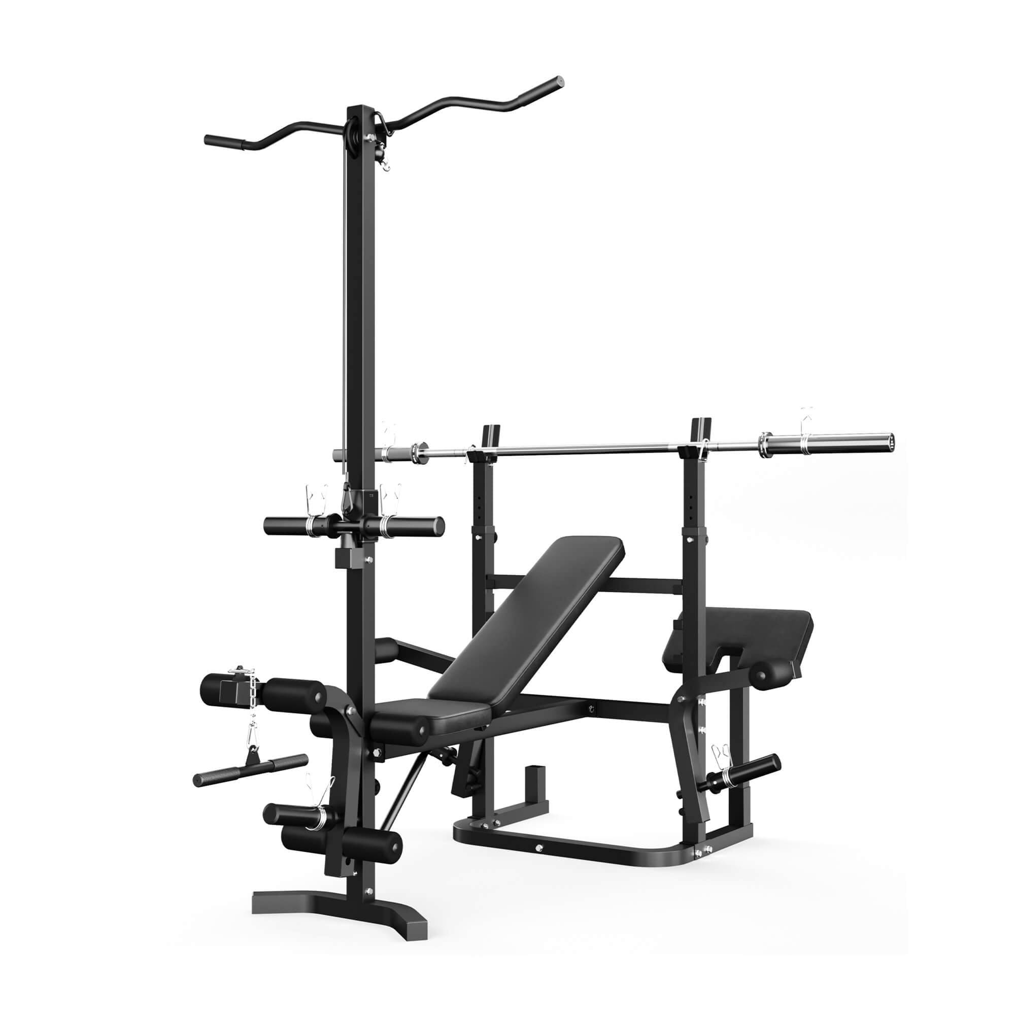 Black weight bench and rack system on a white background