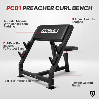 Preacher curl bench with features listed on a white background.#color_black