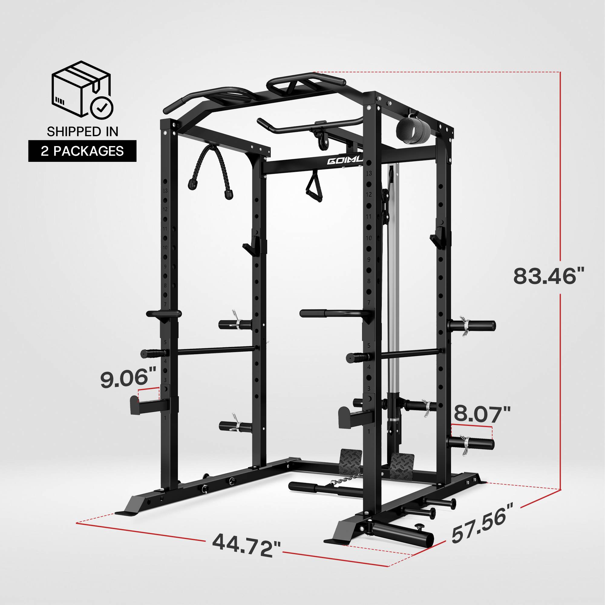 Black power rack with dimensions labeled on a white background.#color_black