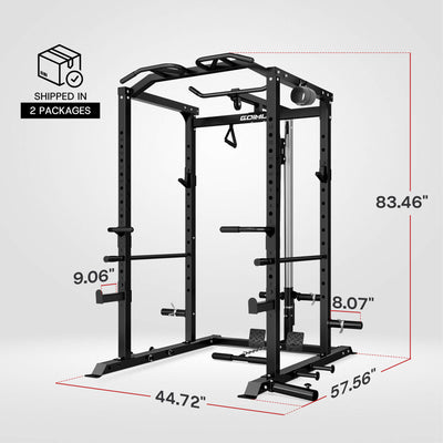 Black power rack with dimensions labeled on a white background.