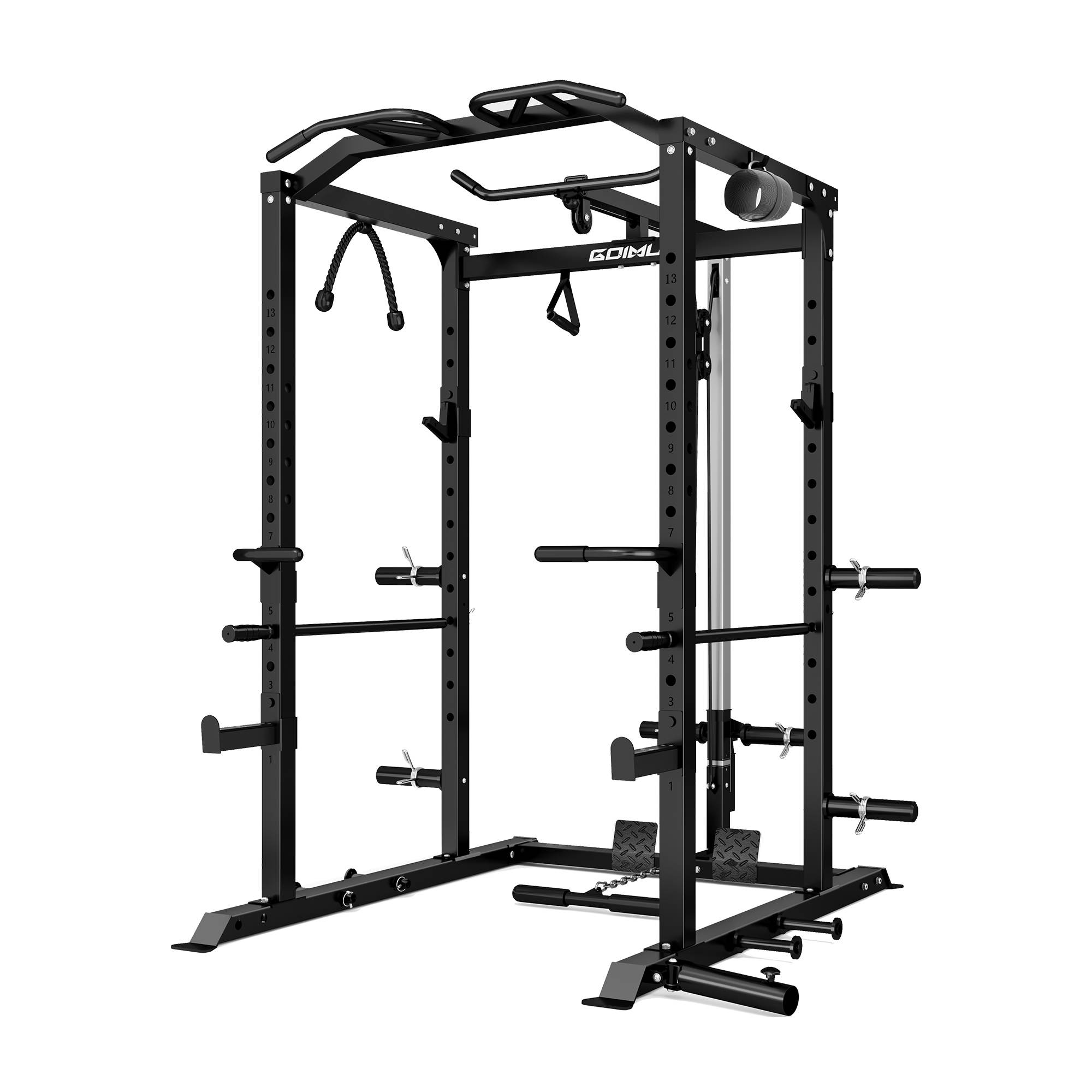 Black power rack with multiple attachments on a white background.#color_black